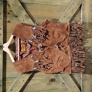VINTAGE BROWN LEATHER VEST FRINGES NEW WITH TAG DREAM APPAREL WESTERN COWBOY